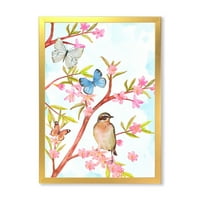 Kelebekler çerçeveli boyama tuval sanat baskı ile bir bahar ağacının dalında oturan zeki kuş