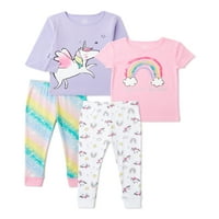 Rahat Sıkışmaları Ekip Boyun Unicorn Gökkuşağı Grafik Baskı Pamuk Pijama Set