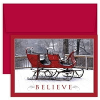 Kağıt Noel Kartları ve Eşleşen Zarflar Seti, Believe Red Sleigh, 18'li Paket