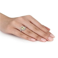 3 Karat T.G.W. zümrüt Kesim Sarı ve Yuvarlak Kesim Beyaz Oluşturulan Mozanit 10kt Beyaz Altın Halo Nişan Yüzüğü