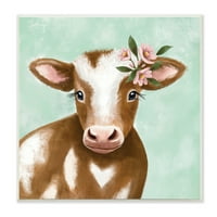 Elizabeth Tyndall tarafından tasarlanan Stupell Industries Soft Eye Baby Cow Pembe Papatya Yeşili Üzeri Çiçekli,