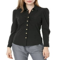 Kadın Noktası Yaka Uzun Kollu Dantelli Düğme Dekor Manşetleri Gömlek Siyah XL