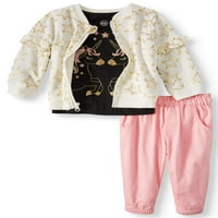 Fırfır Kollu Bombacı Ceket, Uzun Kollu Tişört ve Dimi koşucu pantolonu, 3 Parçalı Kıyafet Seti
