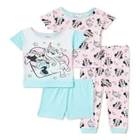 Minnie Mouse Bebek ve Yürümeye Başlayan Kızlar Kısa Kollu, Şort ve Pantolon Pijama, 4 Parçalı Set, Boyutları 12M-4T