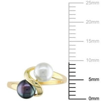 Miabella kadın Beyaz ve Siyah Tatlısu Kültürlü İnci kokteyl yüzüğü 10kt Sarı Altın