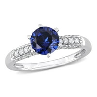 Miabella kadın 1-CT Oluşturulan Mavi Safir Karat Pırlanta 10kt Beyaz Altın Nişan Yüzüğü