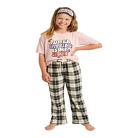Adalet Kızlar Kısa Kollu Üst ve Uzun Pantolon Pijama Takımı Uyku Maskesi, 2 parçalı Set, 5 Beden ve Artı