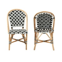 bali ve pari Ambre Modern Fransız Siyah Beyaz Dokuma Doğal Rattan 2 Parçalı Bistro Sandalye Seti