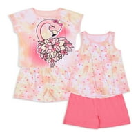 Merak Ulus Kızlar Flamingolar Tankı, T-Shirt ve Uyku Şort Pijama Takımı, 4 Parça, 4 Beden ve Artı