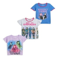 Disney Descendants Girls 4'lü Kravatlı Ön ve Zil Grafikli Tişörtler, 3'lü Paket