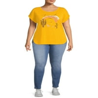 Tru kendini kadın artı boyutu Çift Shirttail grafik baskı T-Shirt