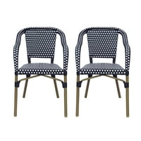 Baton Alüminyum ve Hasır Dış Mekan Fransız Bistro Sandalyeleri, 2'li Set, Siyah, Beyaz ve Ahşap Baskı
