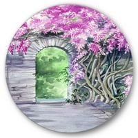 Designart 'Duvarın Üzerinde Çiçek Açan Mor Wisteria Bahçesi' Geleneksel Daire Metal Duvar Sanatı - 36'lık Disk