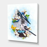 Iki Baştankara Kuşlar Oturan Yakın Yuva Yumurta ve Beyaz Çiçekler II Boyama Tuval sanat Baskı