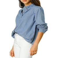 Benzersiz Pazarlık kadın Klasik Yaka Uzun Kollu Casual Düğme Aşağı Denim Gömlek