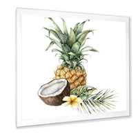 Designart 'Plumeria Hindistan Cevizi ve Palmiye Yapraklı Ananas' Geleneksel Çerçeveli Sanat Baskısı