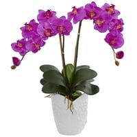 Beyaz Vazoda Neredeyse Doğal Çift Phalaenopsis Orkide Yapay Çiçek Aranjmanı, Leylak Rengi