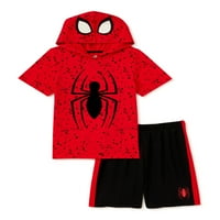 Örümcek Adam Erkek Hoodie T-Shirt ve Örgü Çekme Şort Maske, Kıyafet Seti, Boyutları 4-12