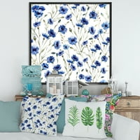 Designart 'Beyaz Üzerine Yeşil Yapraklı Mavi Kır Çiçekleri' Geleneksel Çerçeveli Tuval Duvar Sanatı Baskı