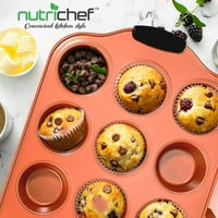 NutriChef 16 Fincan Muffin Yapışmaz Fırın Tepsisi, Siyah Silikon Kulplu Lüks Bakır Karbon Çelik Fırın Tepsisi, Ticari