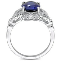 Miabella kadın 4-CT Oluşturulan Mavi Safir CT Elmas 10kt Beyaz Altın Halo Nişan Yüzüğü