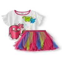 Çirkin Bebekler Fırfırlı Tişört ve Colorblock Tül Örgü Tutu Etek, 2 Parça Kıyafet Seti