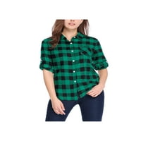 Benzersiz Pazarlık kadın Roll Up Kollu Düğmeli Cep Kareli Gömlek Bluz Üst