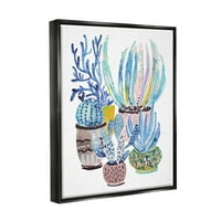 Aptal Desenli Mavi Kaktüs Bitkileri Botanik ve Çiçek Boyama Siyah Şamandıra Çerçeveli Sanat Baskı Duvar Sanatı