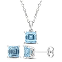 Miabella kadın 4 Karat T.G.W. Kare Kesim Sky Blue Topaz Gümüş 2 Parça Solitaire Kolye ve saplama küpe seti