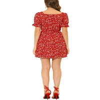Benzersiz pazarlık kadın Kare boyun puf kollu elastik bel Mini çiçekli elbise