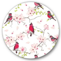 Designart 'Manolya Ağacında Oturan Kırmızı Şakrak Kuşları' Geleneksel Daire Metal Duvar Sanatı - 29'luk Disk