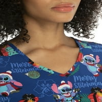 Scrubstar Kadın Disney's Stitch Merry Stitchmas V Yaka Baskı Bodur Üst