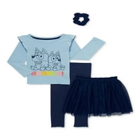 Bluey Bebek ve Yürümeye Başlayan Kız Üst, Tutu Etek, Tozluk ve Scrunchie Kıyafet Seti, 4 Parçalı, 2T-5T
