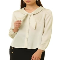 Benzersiz pazarlık kadın Retro papyon üst düğme uzun kollu şal yaka bluz