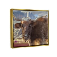 Aptal Longhorn Sığır Kırsal Dağlar Hayvanlar ve Böcekler Boyama Altın Şamandıra Çerçeveli Sanat Baskı Duvar Sanatı