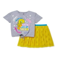 Tweety Kuş Kız 4-Kravat Ön Üst ve Glitter Baskılı Tutu Etek, 2 Parça Kıyafet Seti