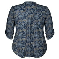 Bayan Artı Boyutu Üstleri Rulo Kollu Gömlek Çentik Boyun Gevşek Üstleri Çiçek Baskılı Tunik Bluzlar