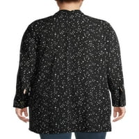 Terra & Sky Dokuma Artı Boyutu V Yaka Uzun Kollu Baskılı Tunik Bluz Üst