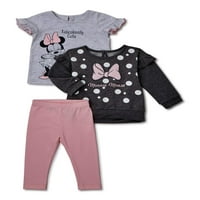 Disney Minnie Mouse Kız Bebek Kazak, Tişört ve Tayt, 3 Parça Kıyafet Seti