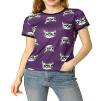 Benzersiz Pazarlık kadın Kısa Kollu Kontrast Karikatür Kedi Tee Yuvarlak Boyun T-shirt