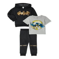 Batman Bebek ve Yürümeye Başlayan Çocuk fermuarlı kapüşonlu kıyafet, Kısa Kollu tişört ve Joggers, 3 Parçalı Kıyafet