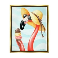 Stupell Industries Yaz Flamingo güneş şapkası Zevk Dondurma Koni Grafik Sanat Metalik Altın Yüzen Çerçeveli Tuval