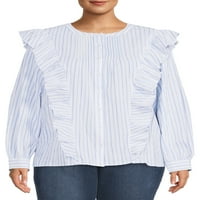 Fırfırlı Kadın Artı Boyutu Uzun Kollu Düğmeli Ön Bluz Alın