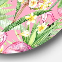 Designart 'Sarı Çiçekler, Flamingo III ile Tropikal Yapraklar' Modern Daire Metal Duvar Sanatı - 23'lük Disk
